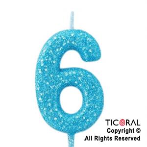 VELA NUMERAL CHICO 5.5 CM CON GIBRE CELESTE NUMERO 6 x 1